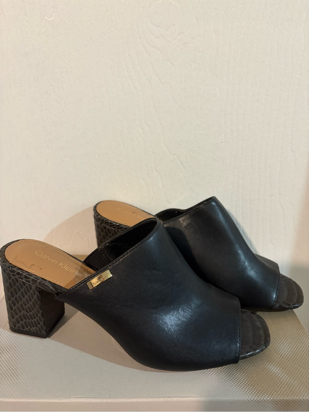 Calvin Klein Black Leather Open-Toe Slide Mules with Textured Block Heel